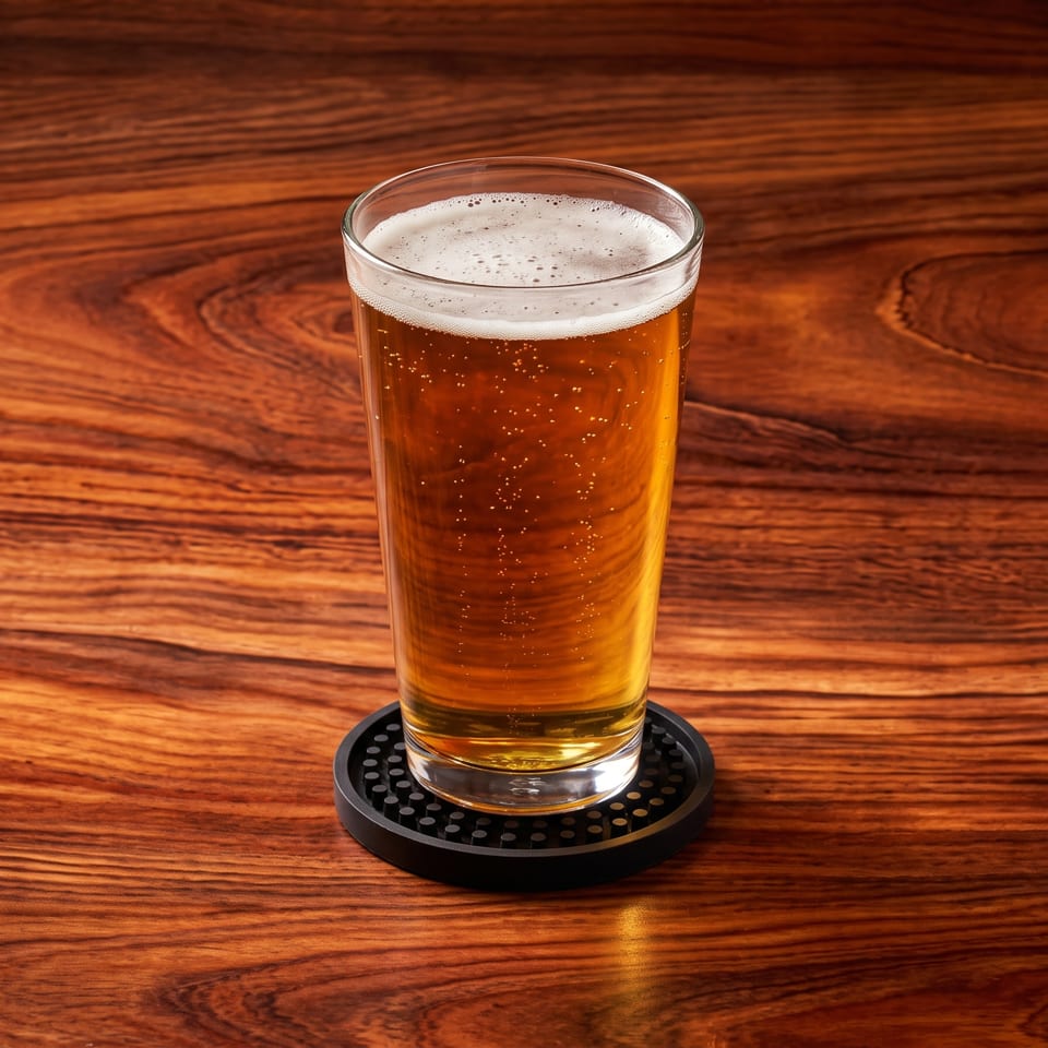 A tall glass of golden beer with a foamy head sits on a black coaster on a wooden table.