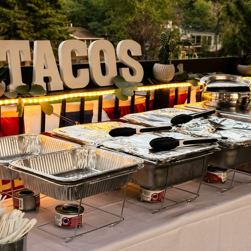 Outdoor taco bar with "TACOS" sign, chafing dishes, and serving utensils on a white tablecloth.