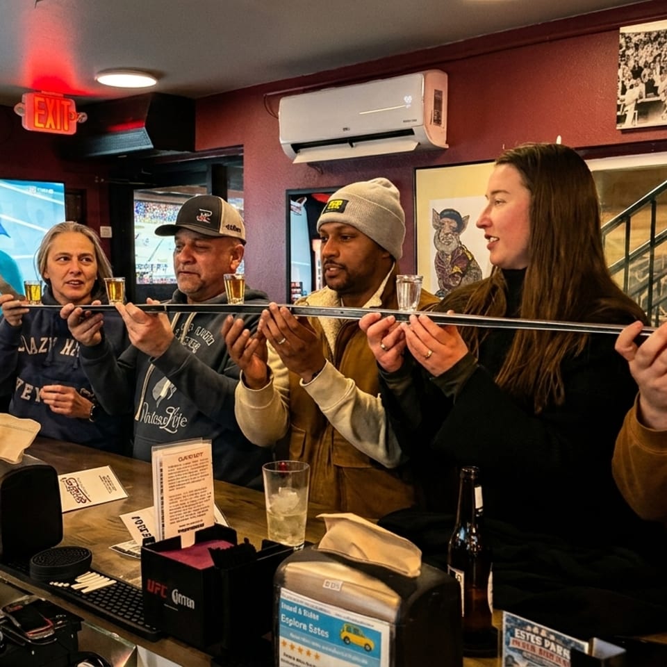 Six people at a bar counter participate in a group shot ski, with TVs showing sports in the background.