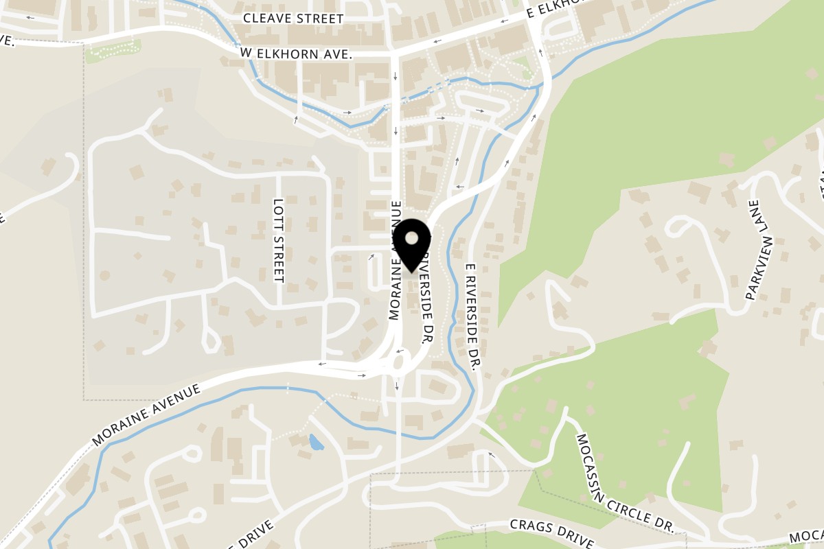 Map showing the location of Bogey's on 281 W Riverside Dr in Estes Park